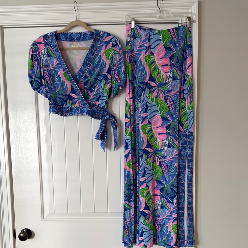 Lilly Pulitzer Blue and Pink Tropical Maxi Skirt and Top